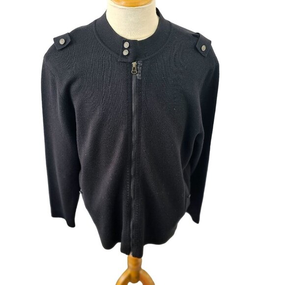 Hombruno Full Zip Black Wool Cardigan Sweater Mens Size L Epaulettes Elbow Patch